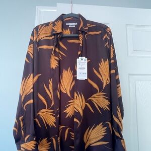 Zara Purple and Gold Leaf Print Shirt